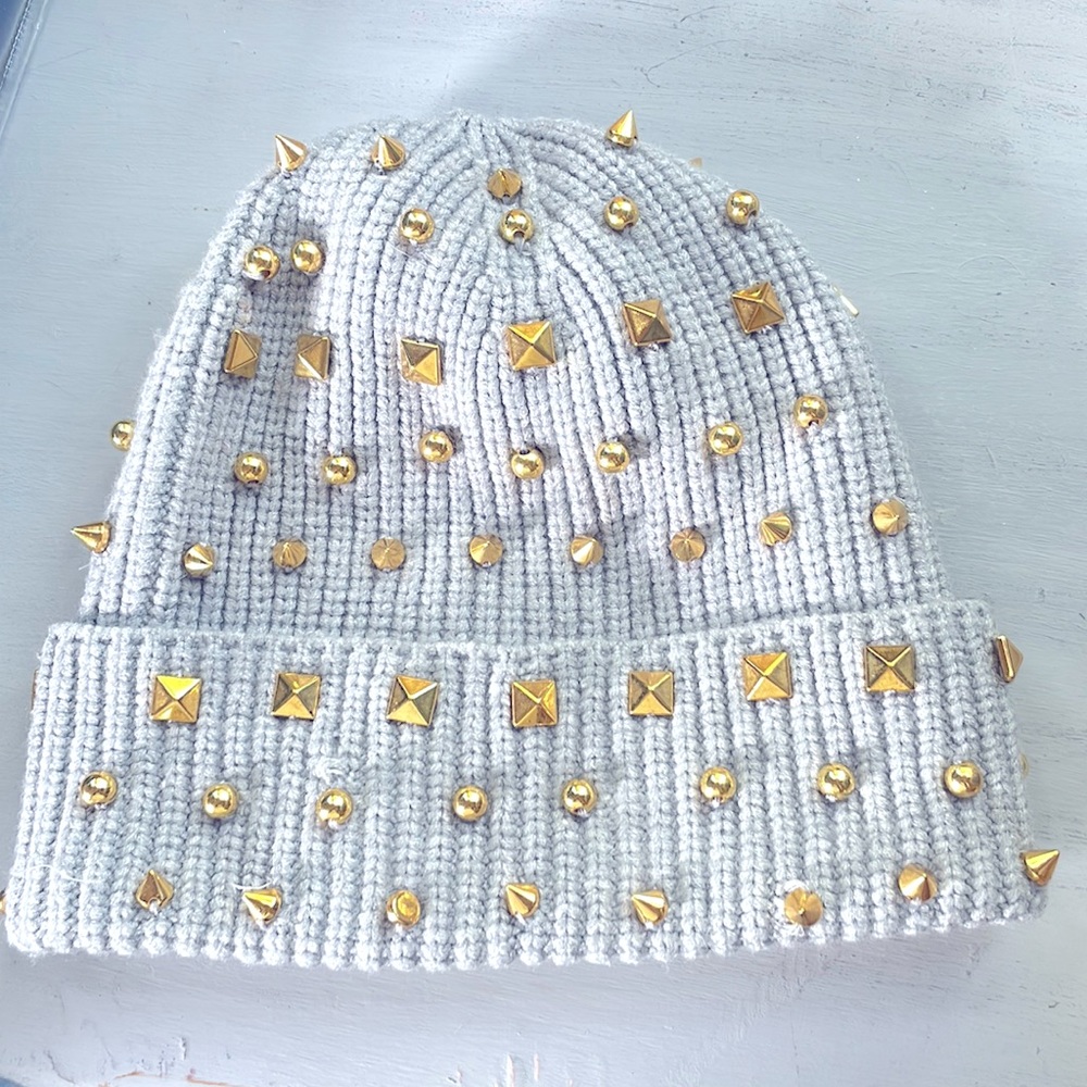 Designer gold studded grey knit Beanie